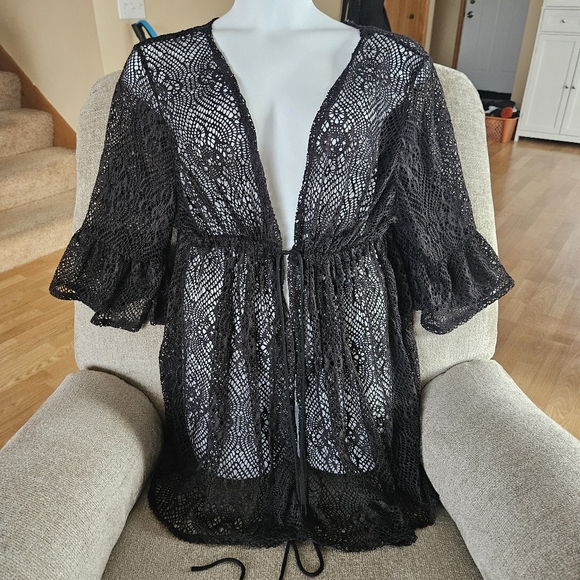 Time & Tru 3X Tie-Front Crochet Cardigan Black Bell Ruffle Sleeve Classic B-2299 - Picture 5 of 8